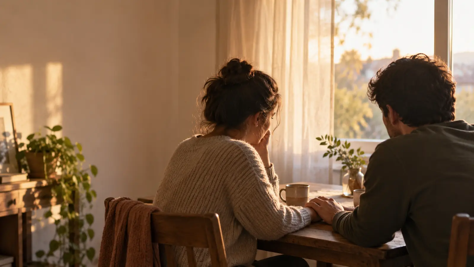 Dos tazas de café sobre una mesa de madera junto a una ventana con luz de mañana, en tonos cálidos y neutros; sensación de conversación sin prisa.