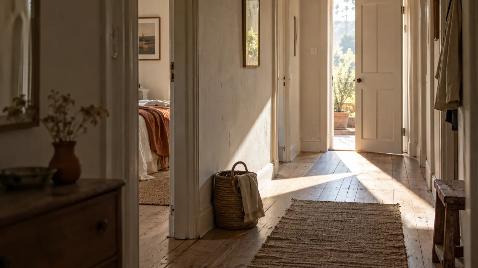 Pasillo de una casa con luz de la mañana entrando por una puerta entreabierta al fondo, paredes claras y piso de madera.