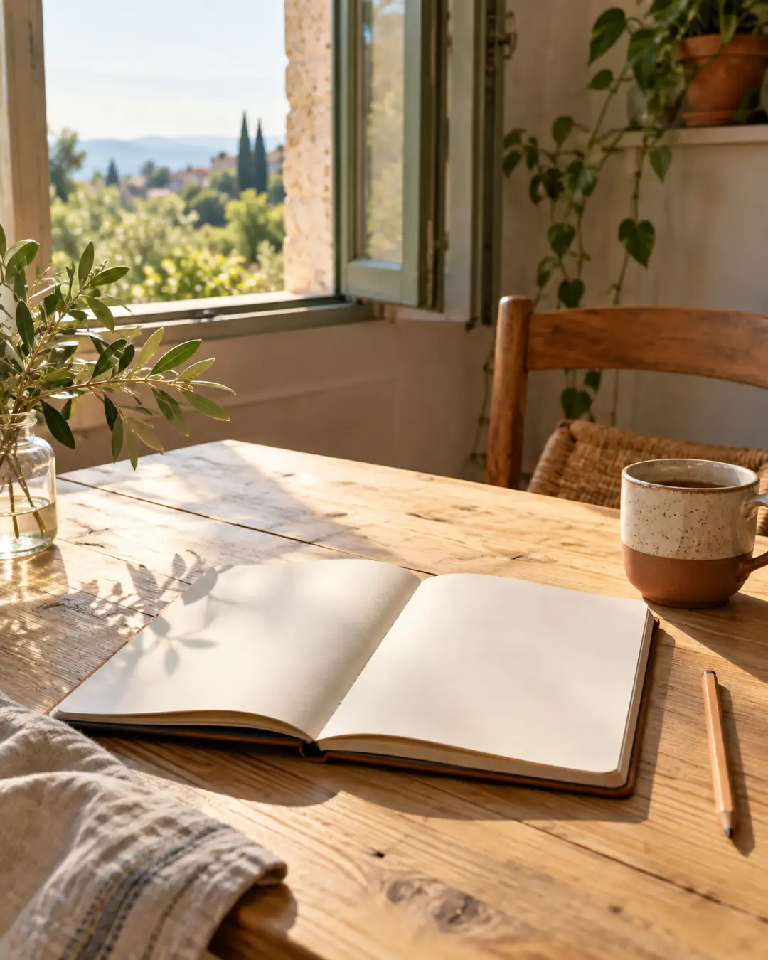 Cuaderno abierto con una lista escrita a mano sobre una mesa de madera clara, junto a una taza de café, con luz suave de mañana entrando por la ventana