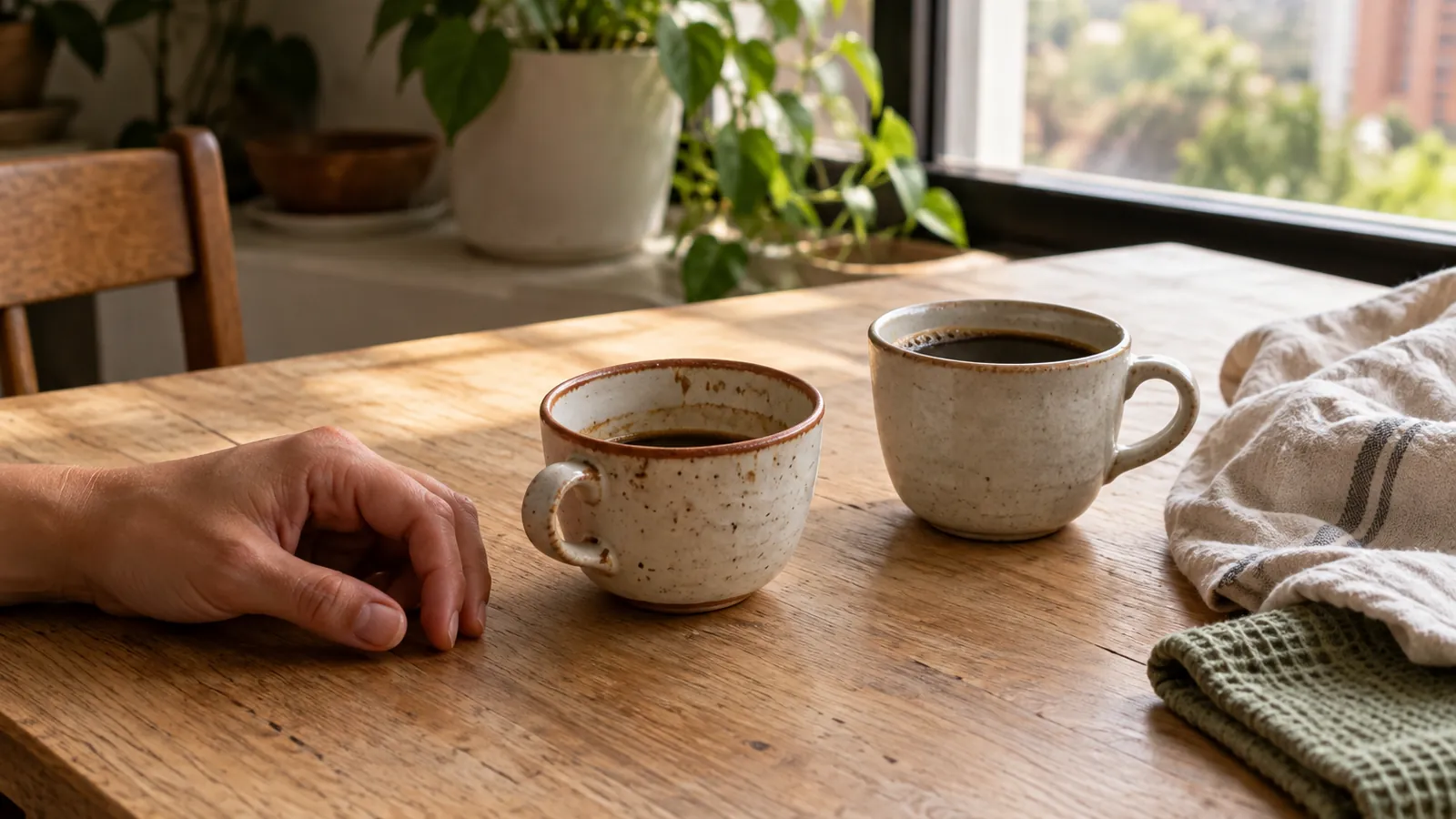 Dos tazas de café junto a una ventana y una mano en reposo sobre una mesa de madera iluminada por la mañana.