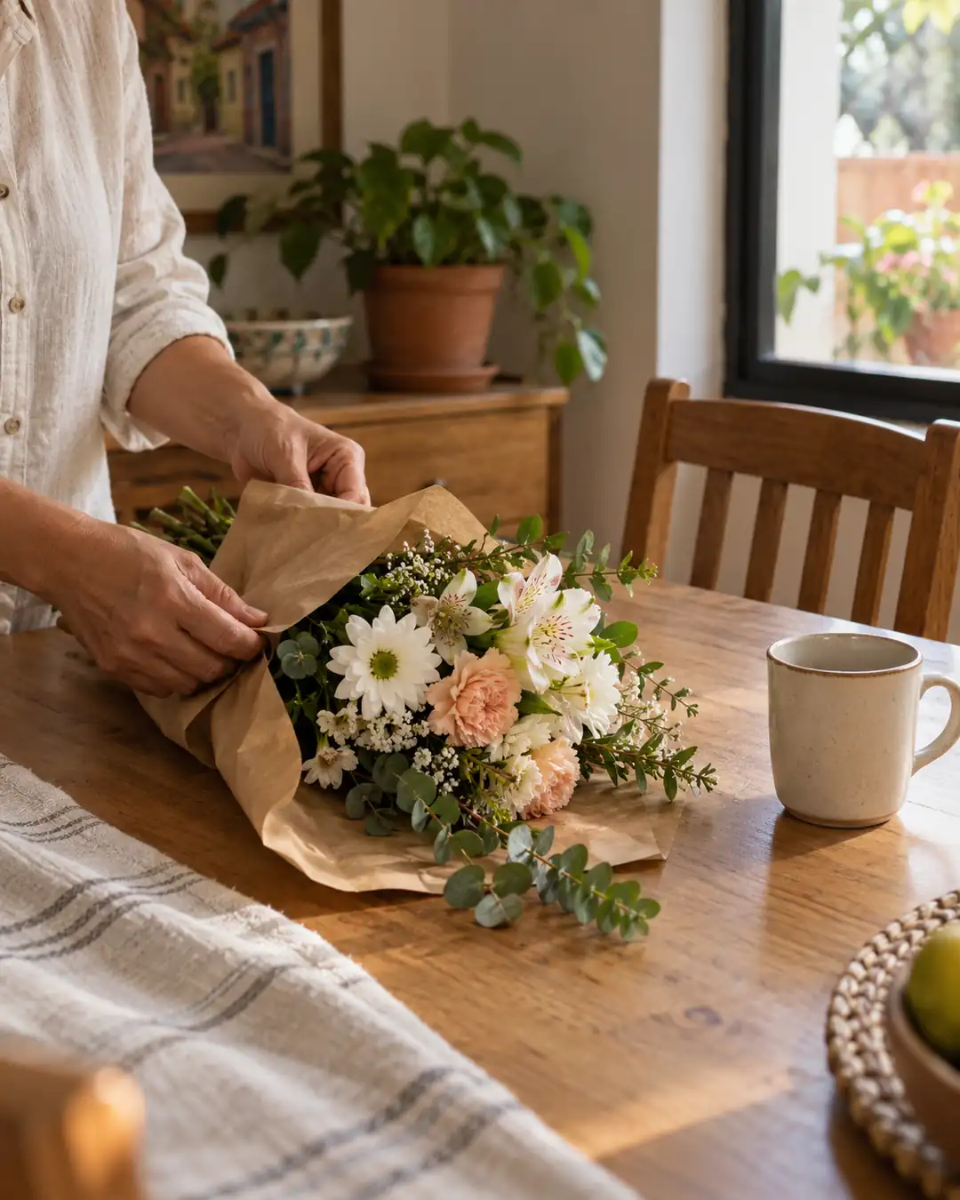 Mesa de madera clara junto a una ventana, con una vela blanca encendida y un plato servido en un puesto vacío, en la luz suave de la mañana.