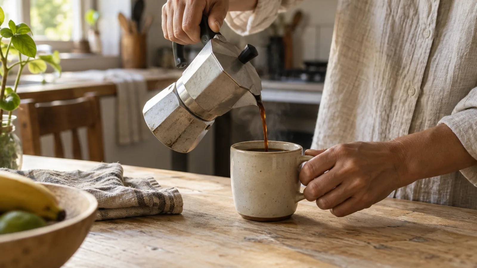 Unas manos sostienen una taza de cerámica sencilla sobre una mesa de madera clara, con la luz suave de la mañana entrando por una ventana y la cocina desenfocada al fondo.