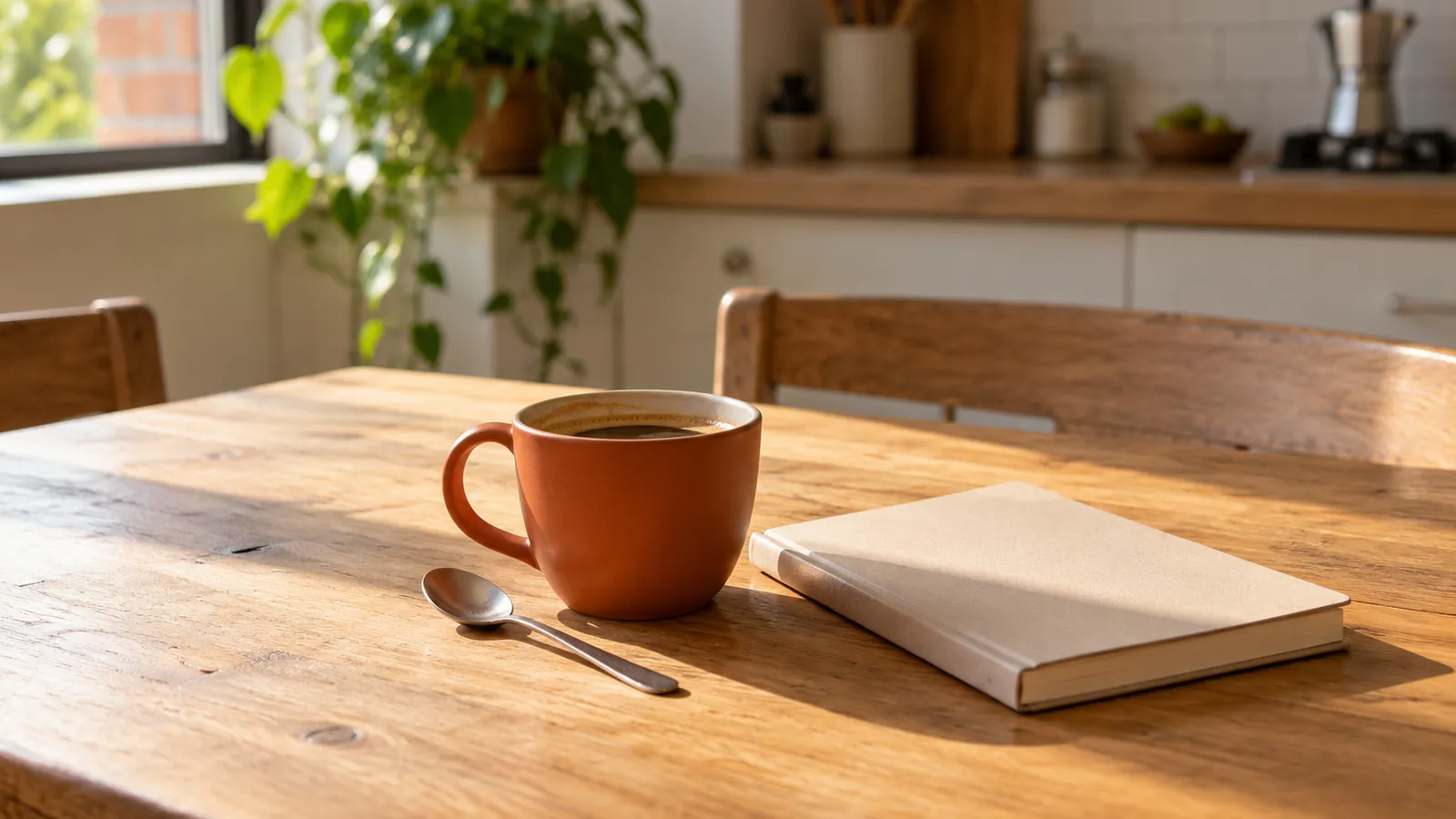Mesa de cocina de madera clara a media mañana, con una taza de café a medio tomar junto a un cuaderno cerrado; luz natural suave entrando por la ventana, sin personas en la escena.
